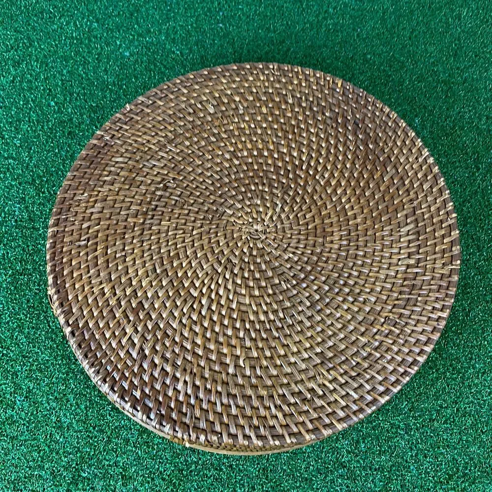 Hand Woven Round Rattan Serving Storage Tray with Handles Ottoman Tray 13